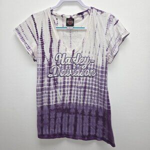 Harley-Davidson Women's L slhort-Sleeve V-neck Purple Tie-Dye T-Shirt.  3541